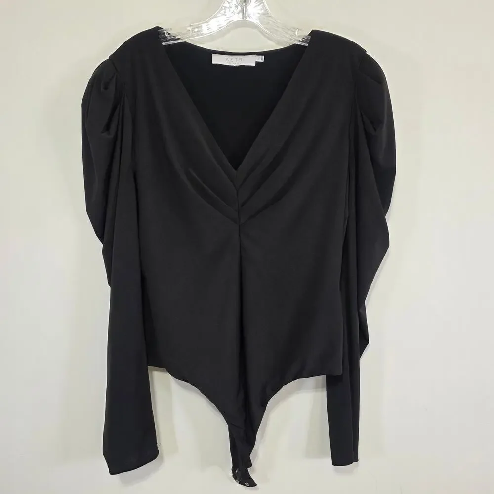 ASTR The Label Womens Black V Neck Puff Sleeve Bodysuit Size XL